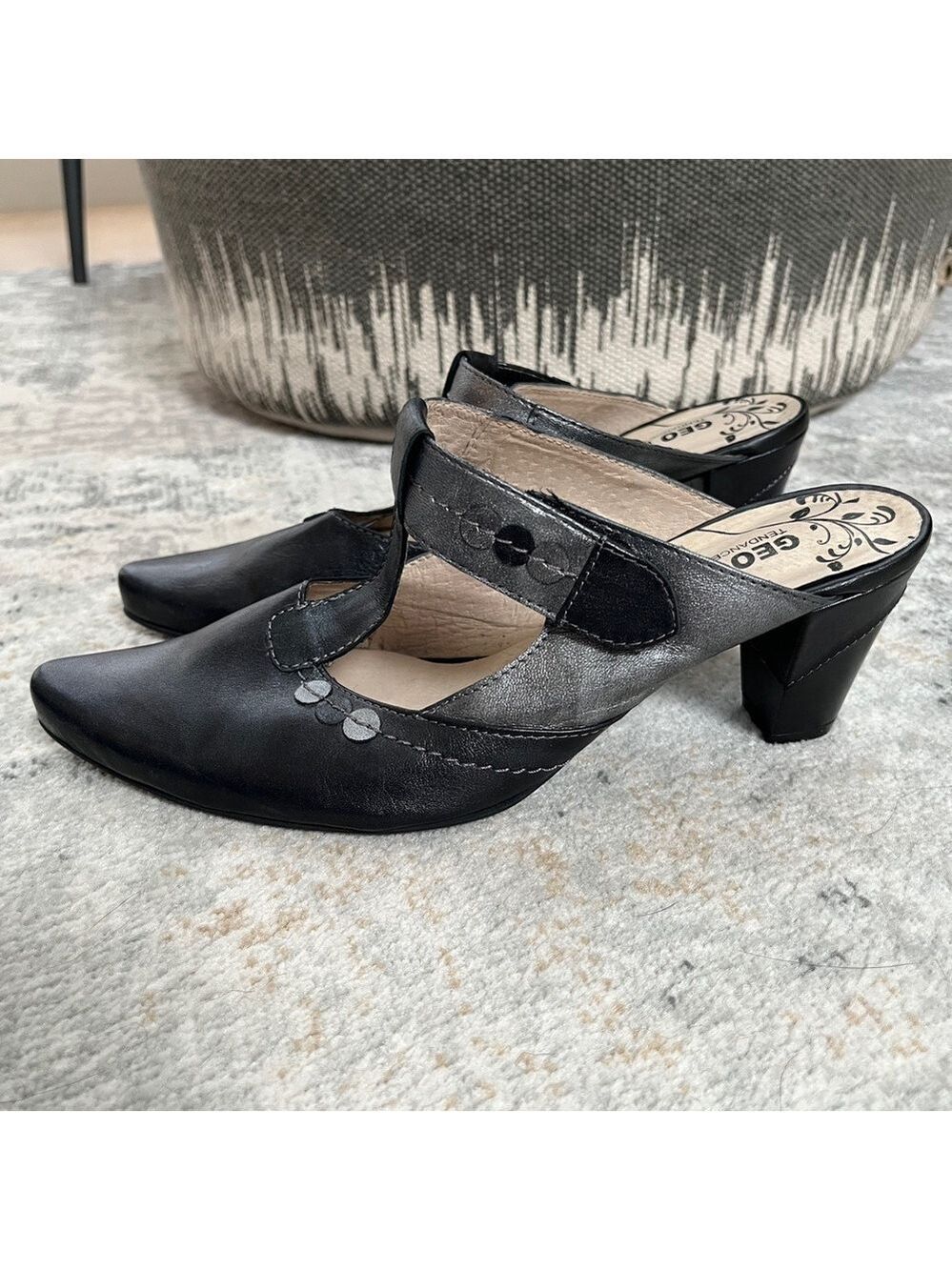 GEO REINO Pointy Toe T-Strap Mary Jane Heeled Mules Adjustable Strap Metallic